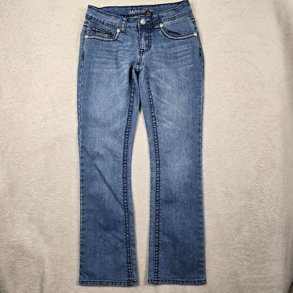 Massini Jeans Womens Size 4 Bootcut Distressed Whiskers Flap Pocket Embroidered